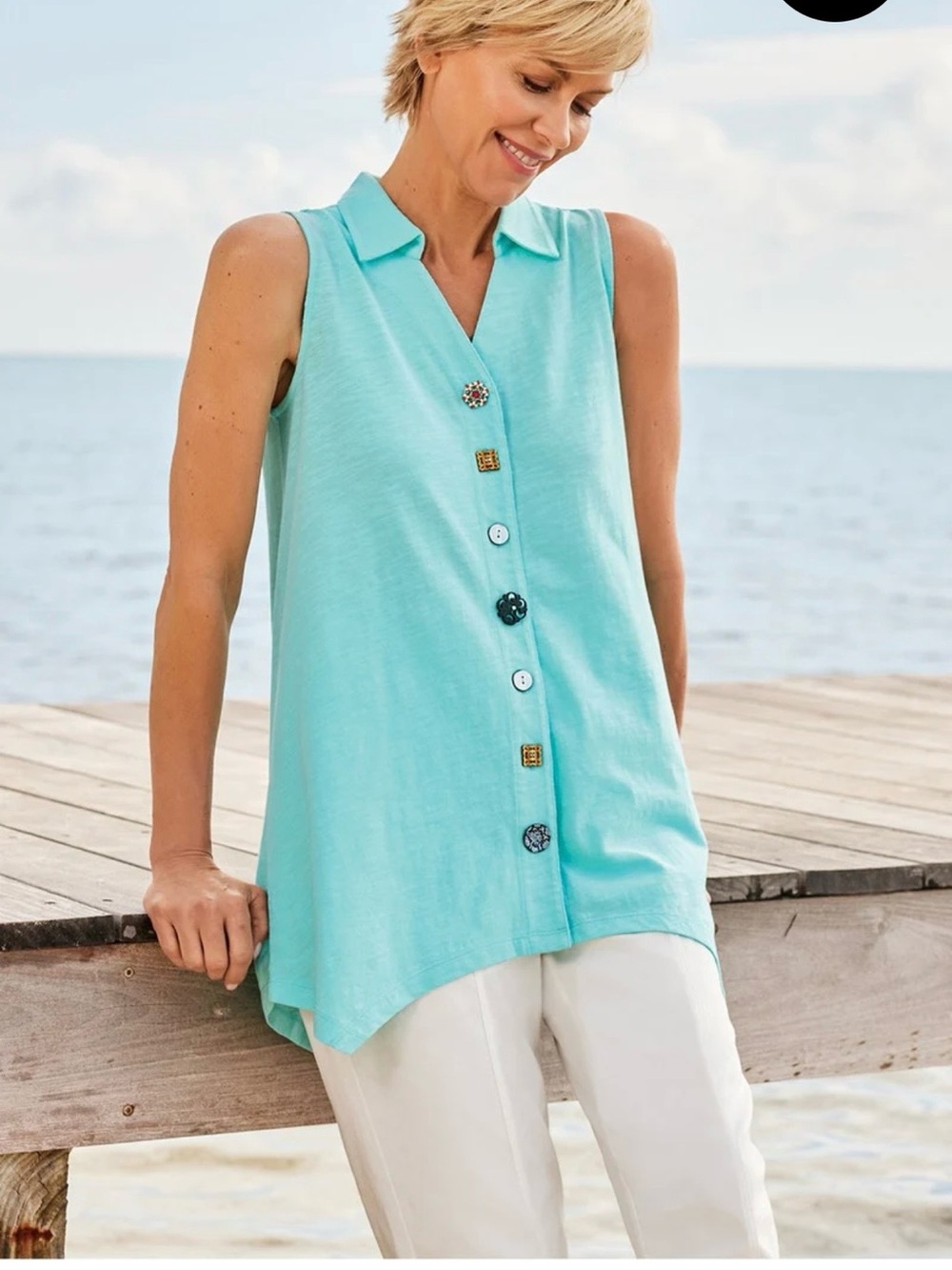 Soft Surroundings Danielle Button Sleeveless Tunic Lively Aqua Travel Casual NEW